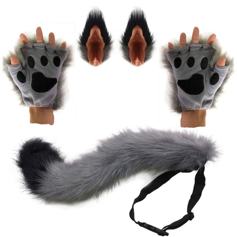HAOAN Wolf Fox Tail Clip Ears and Gloves Set Halloween Christmas Fancy Party Costume for Women and Man Gray - Image 1
